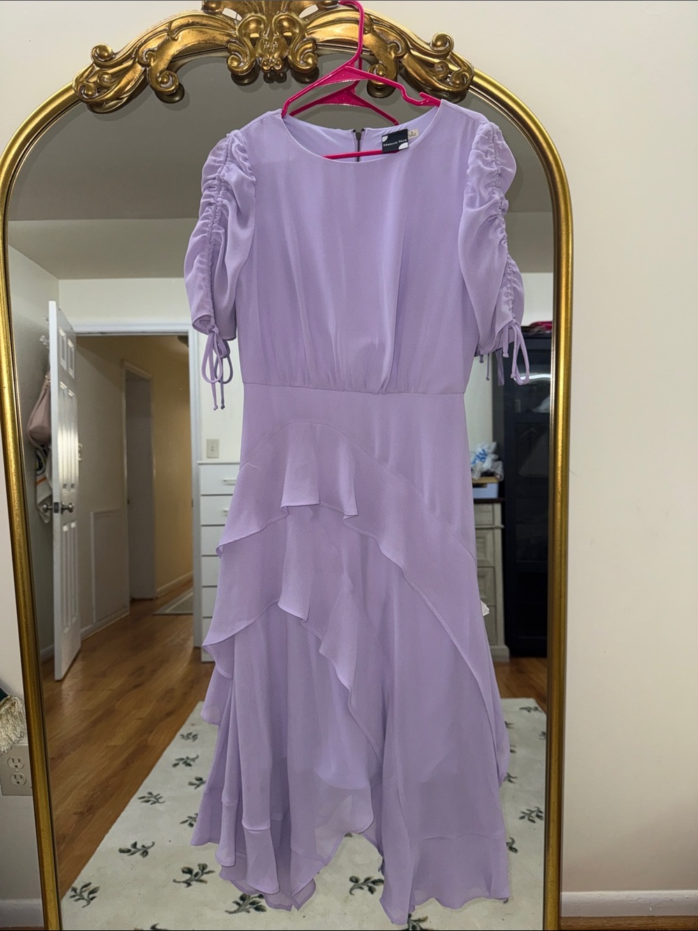 Lavender lilac Ruched half Sleeve Ruffle Midi Dress Maison Tara